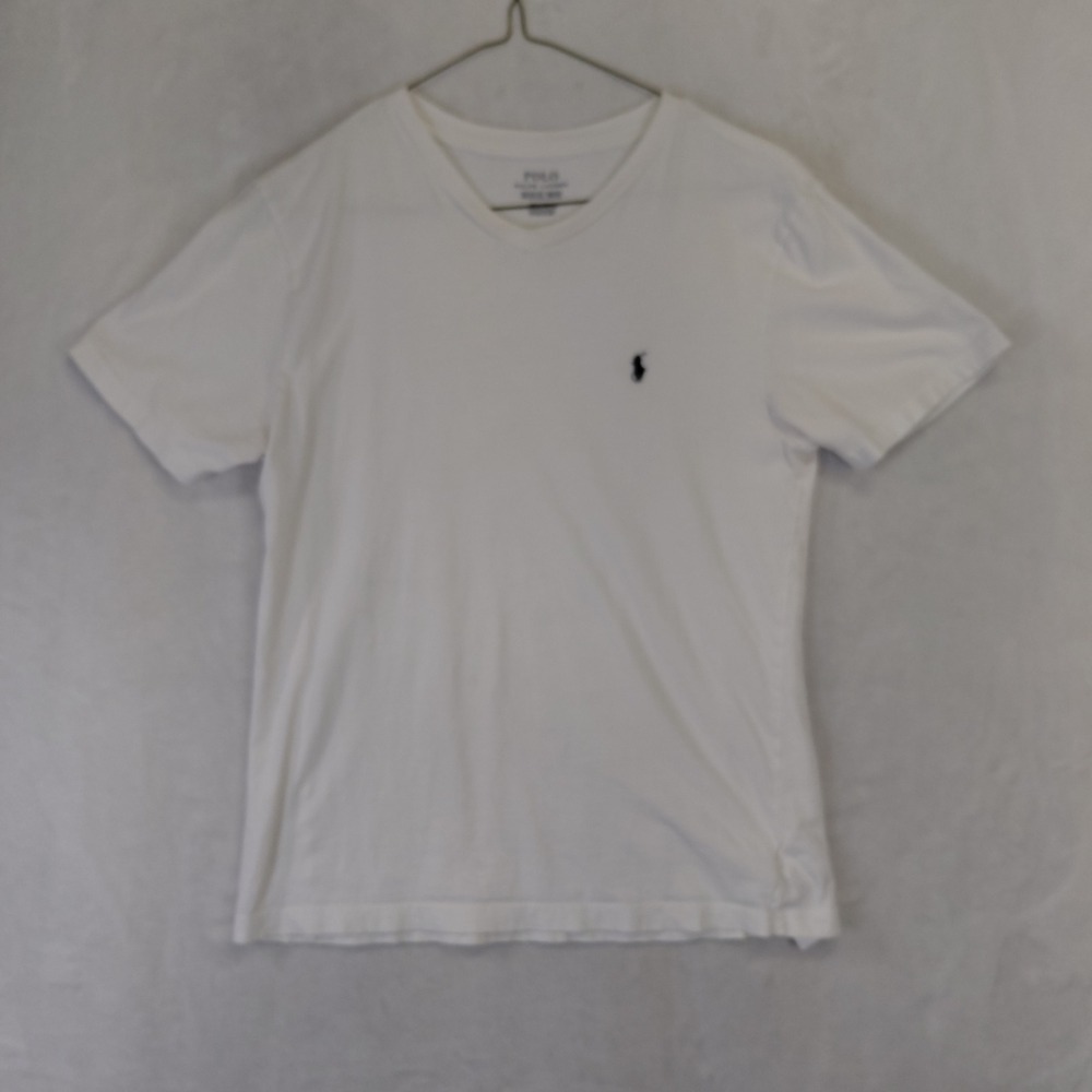 Polo Ralph Lauren Kids White V-Neck T-Shirt Size M 10-12 Navy Blue Pony Logo